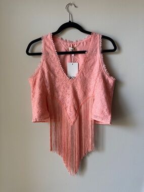 Pink Lace V-Neck Fringe Crop Camisole